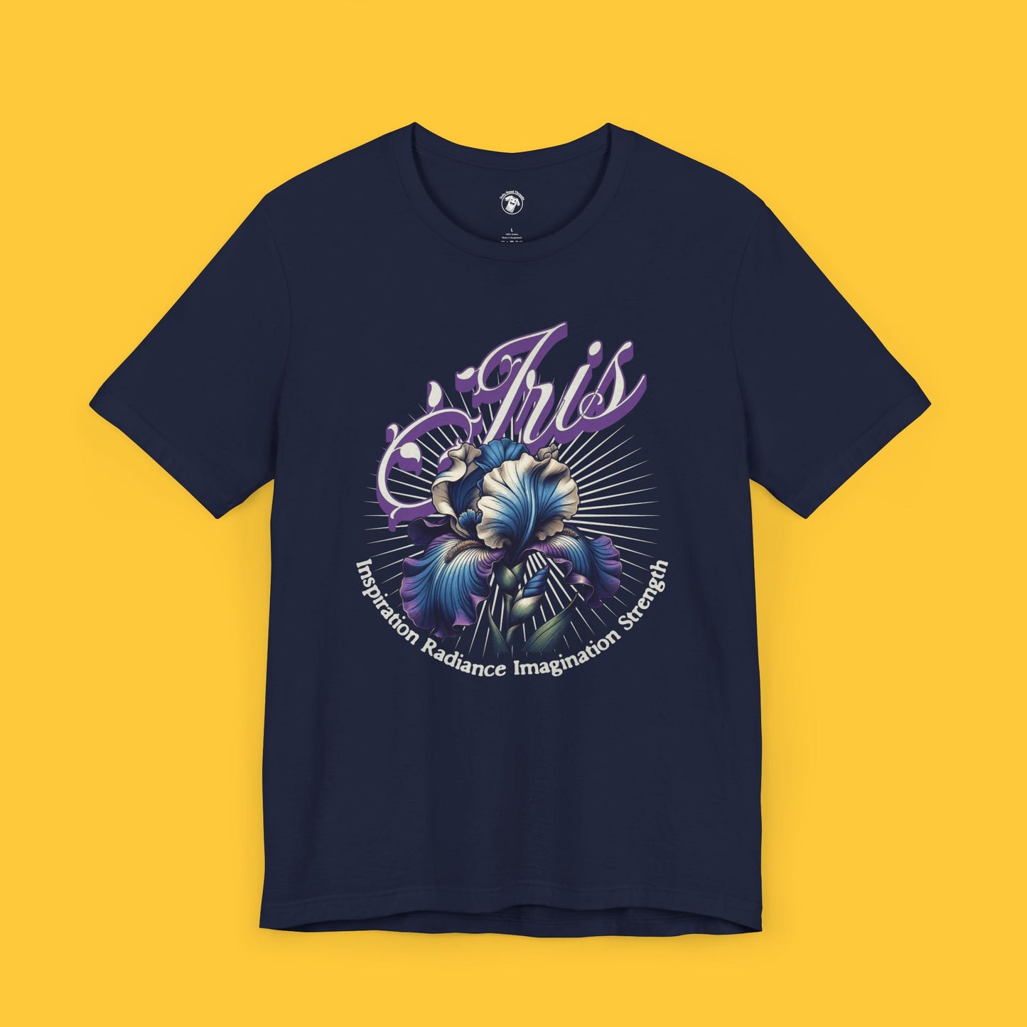 T-shirt featuring a detailed iris flower in blue and purple, with the words "Inspiration Radiance Imagination Strength" surrounding the bloom.