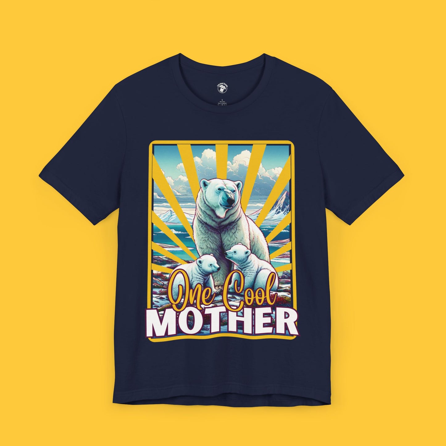 T-shirt featuring a graphic of a polar bear mother with her cubs and the quote "One Cool Mother," playing on the cool nature of polar bears and motherhood.