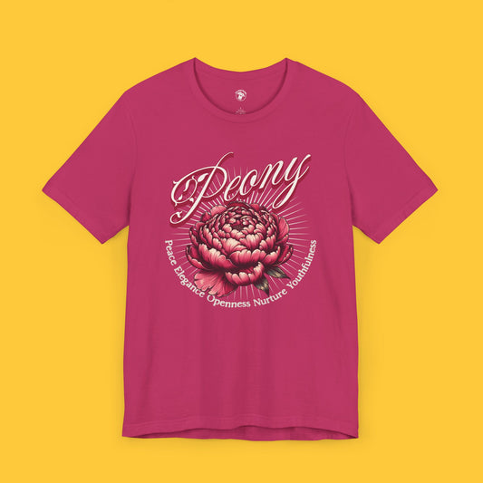 T-shirt featuring a detailed peony flower with the acronym "Peace Elegance Openness Nurture Youthfulness" surrounding the bloom.