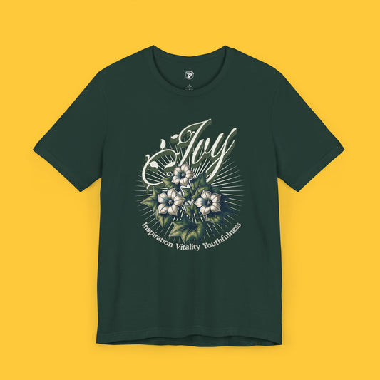 T-shirt featuring a detailed ivy flower illustration with the words "Inspiration Vitality Youthfulness" surrounding the design.