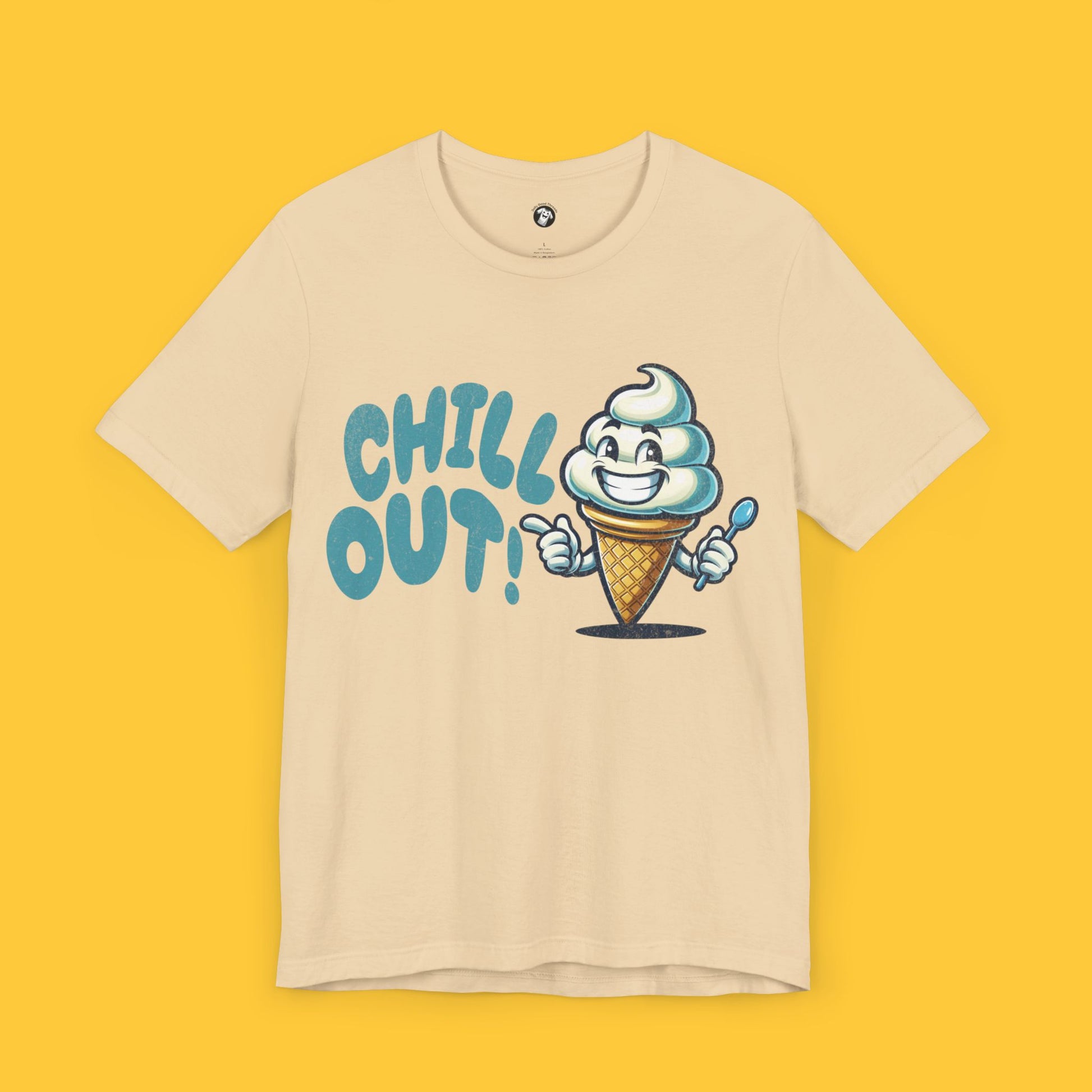 T-shirt featuring a smiling ice cream cone with the quote "Chill Out!" in a bold, bubbly font.