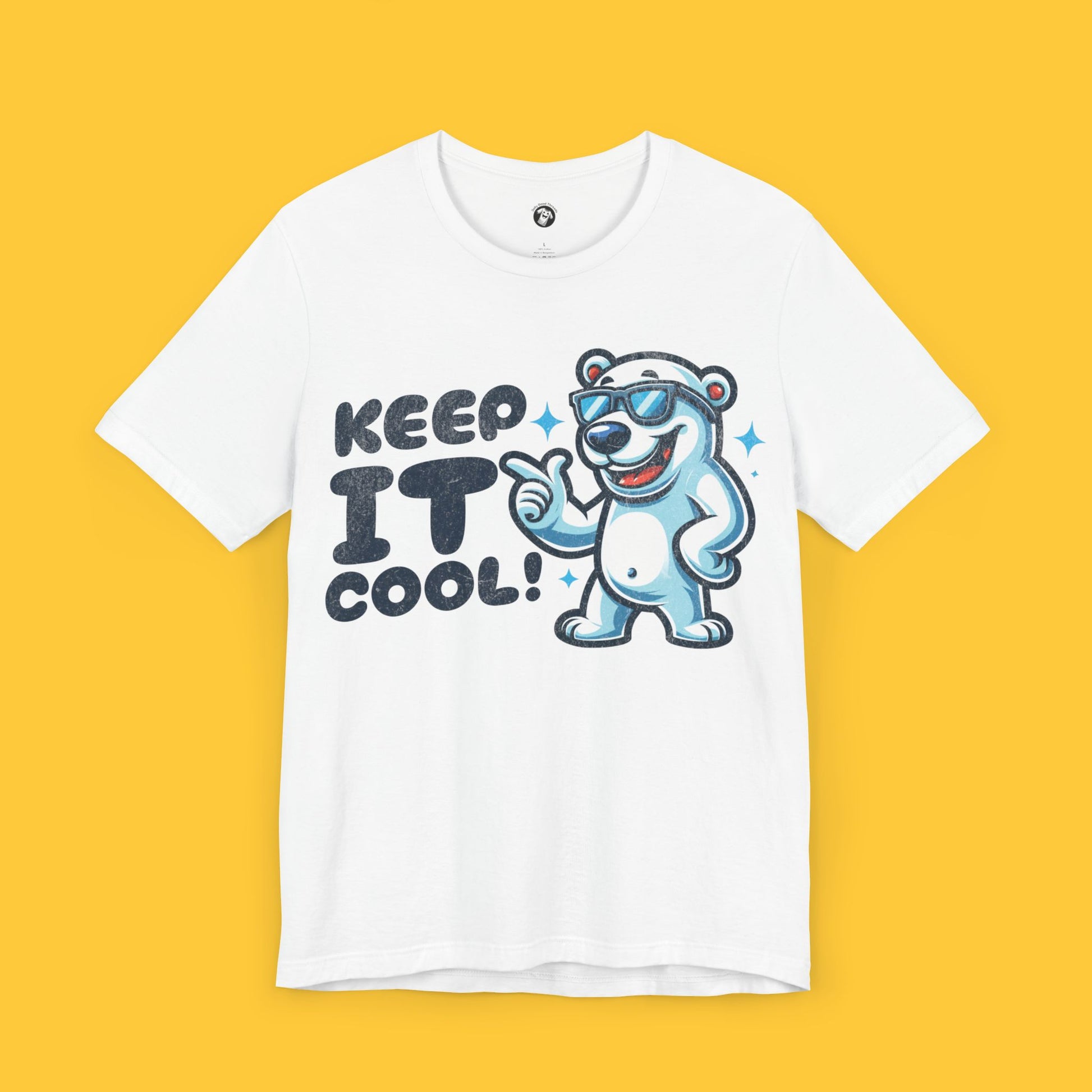 T-shirt featuring a cool polar bear wearing sunglasses with the quote "Keep It Cool!" in a bold, bubbly font.