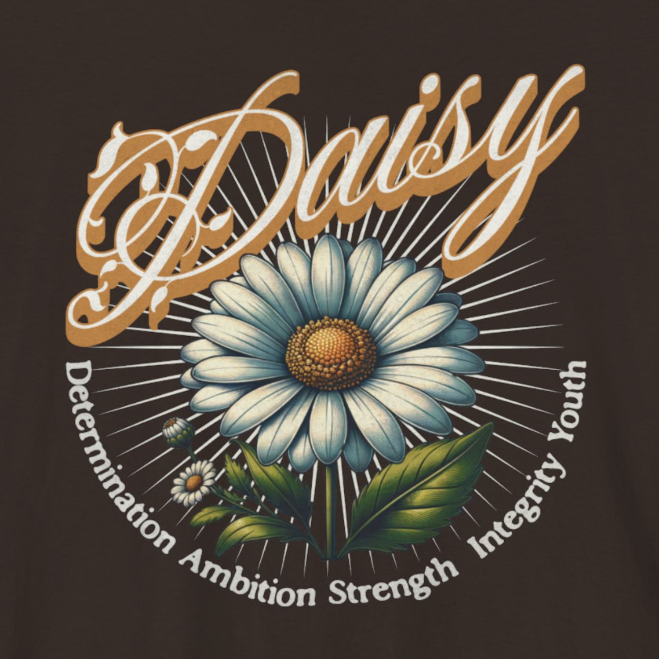 T-shirt featuring a detailed daisy flower with the acronym "Determination Ambition Strength Integrity Youth" surrounding the bloom.