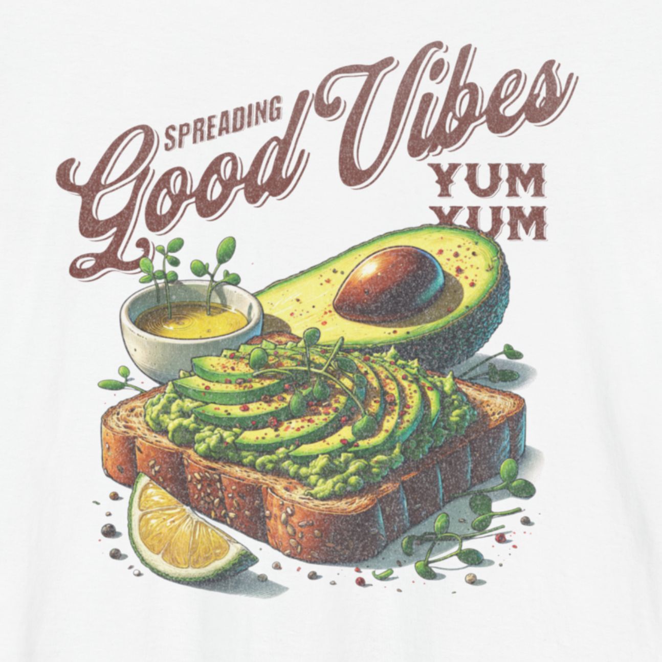 T-shirt featuring a graphic of avocado toast with the quote "Spreading Good Vibes" in vintage-inspired typography.